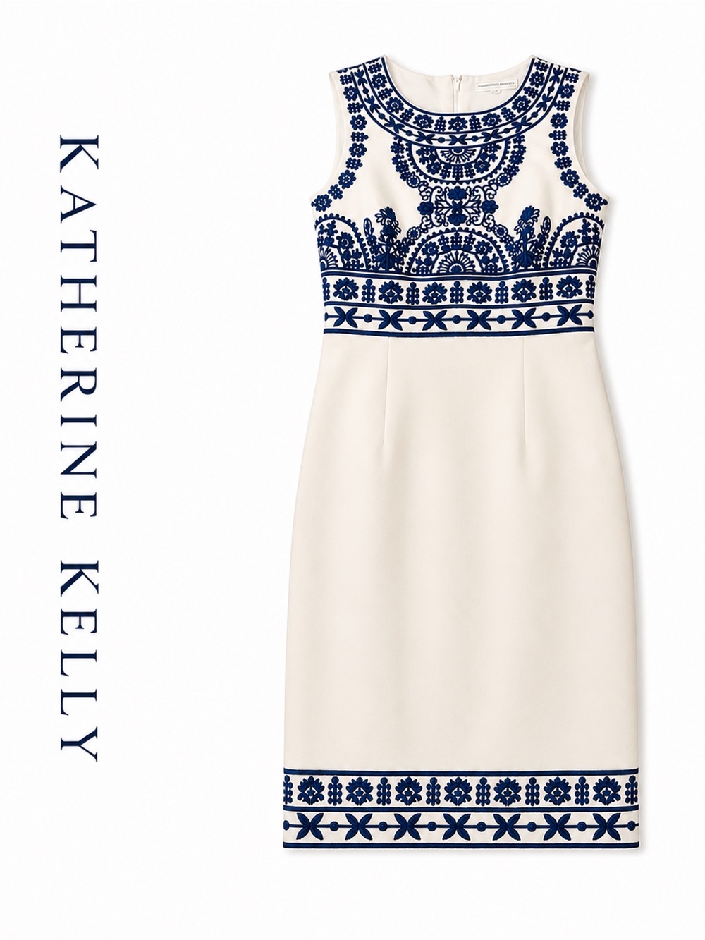 Chic White and Blue Embellished Midi Dress
